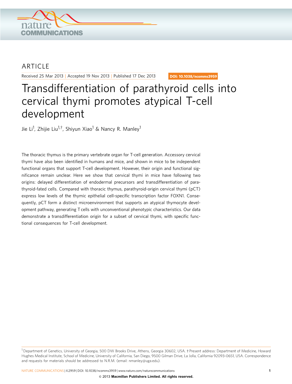 Transdifferentiation of Parathyroid Cells Into Cervical Thymi Promotes Atypical T-Cell Development