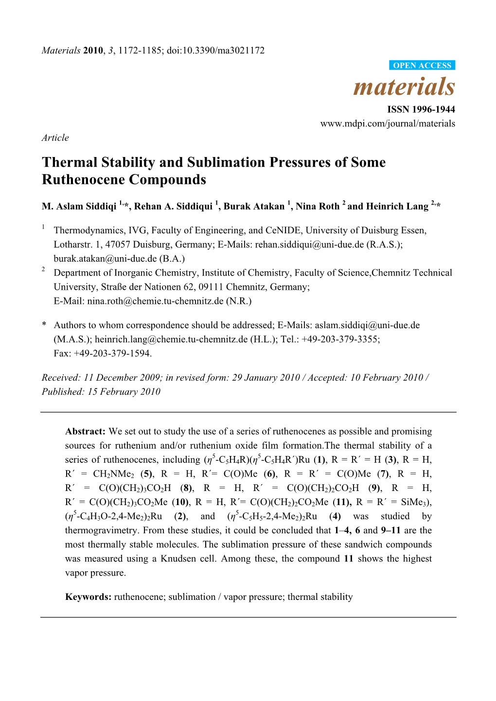 Thermal Stability and Sublimation Pressures of Some Ruthenocene Compounds