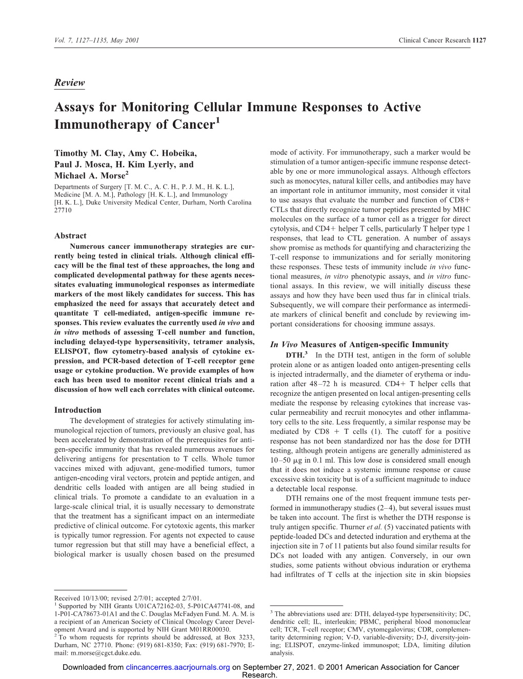 Assays for Monitoring Cellular Immune Responses to Active Immunotherapy of Cancer1