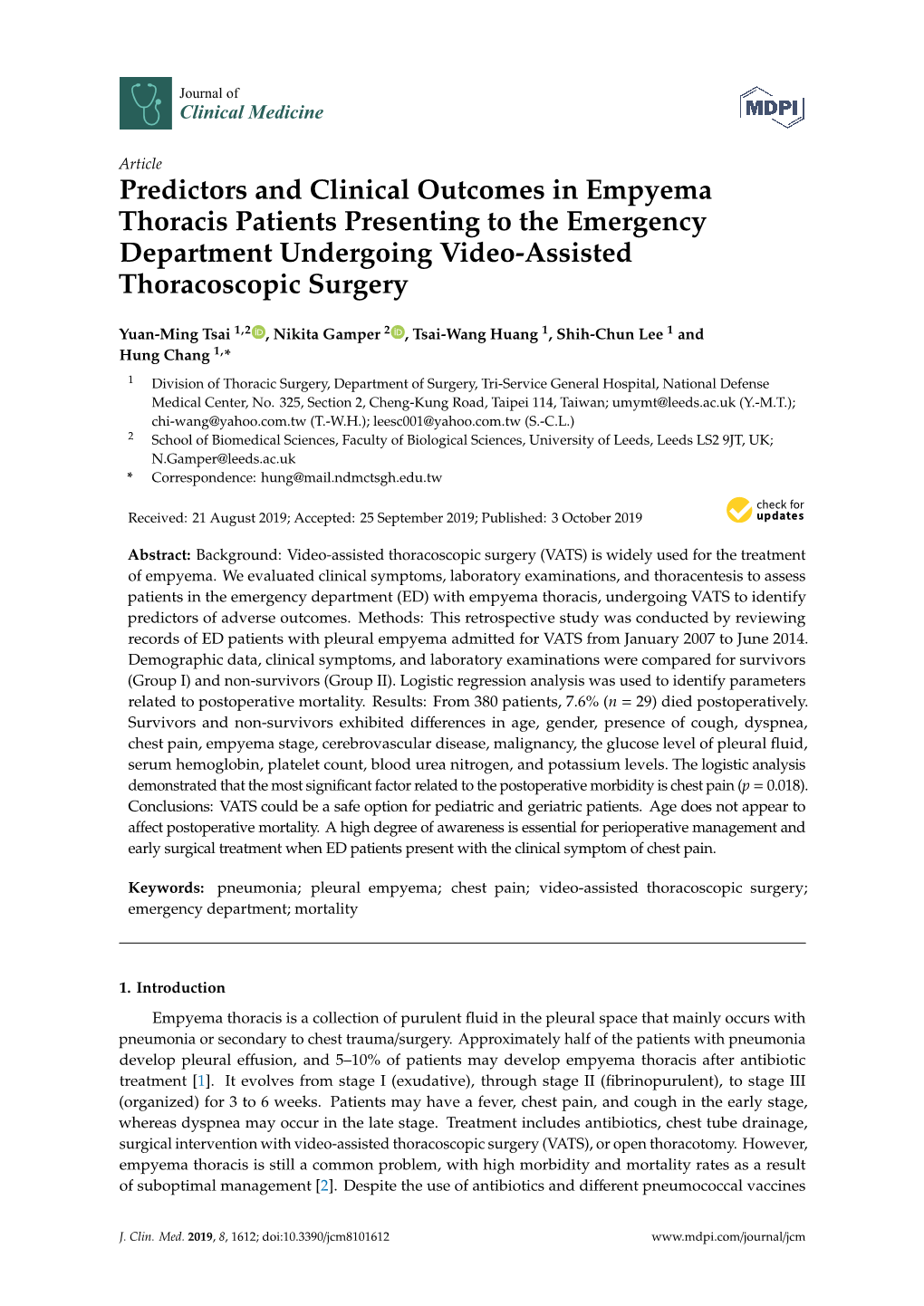 Predictors and Clinical Outcomes in Empyema Thoracis Patients Presenting to the Emergency Department Undergoing Video-Assisted Thoracoscopic Surgery