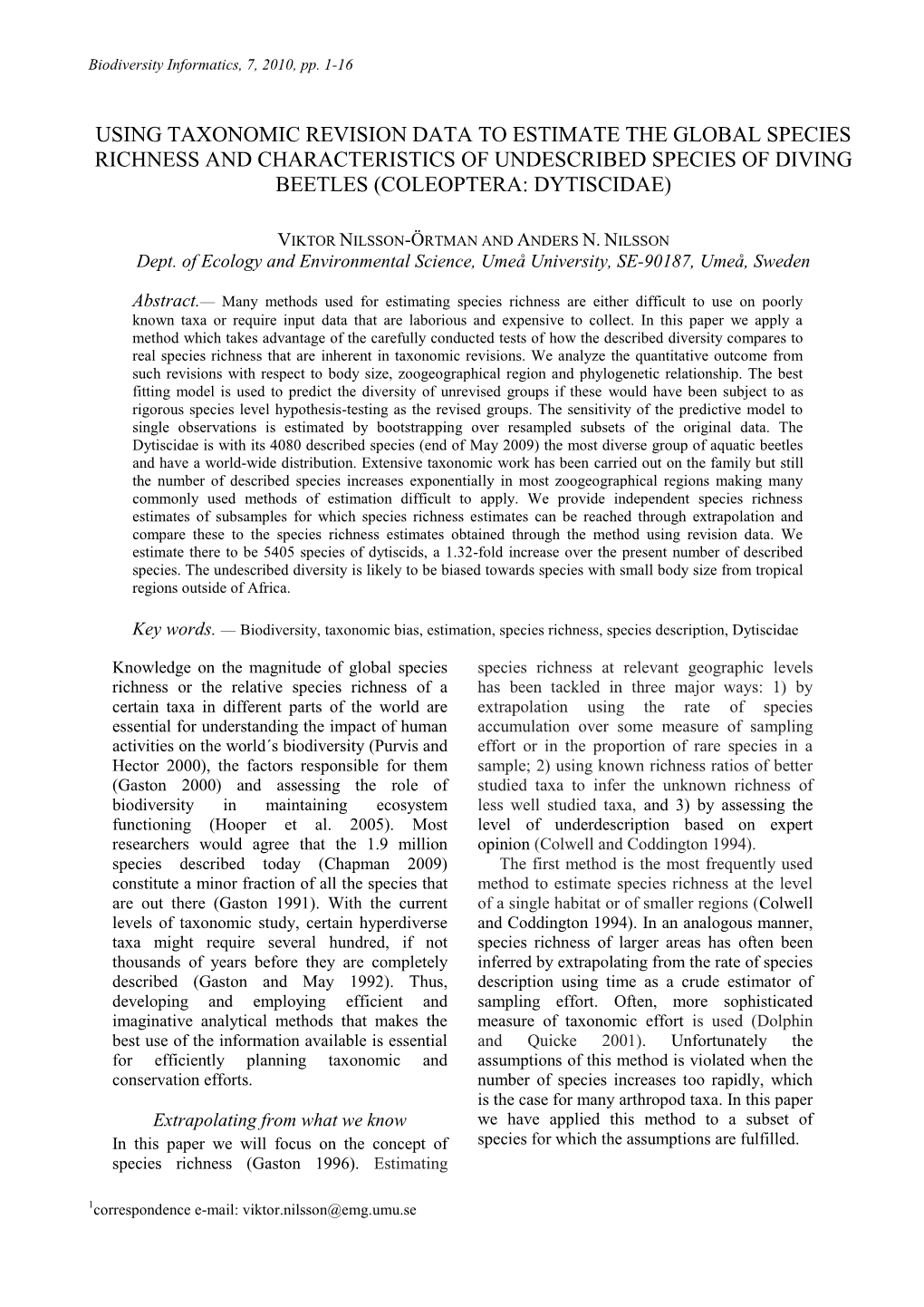 Using Taxonomic Revision Data to Estimate the Global Species Richness and Characteristics of Undescribed Species of Diving Beetles (Coleoptera: Dytiscidae)