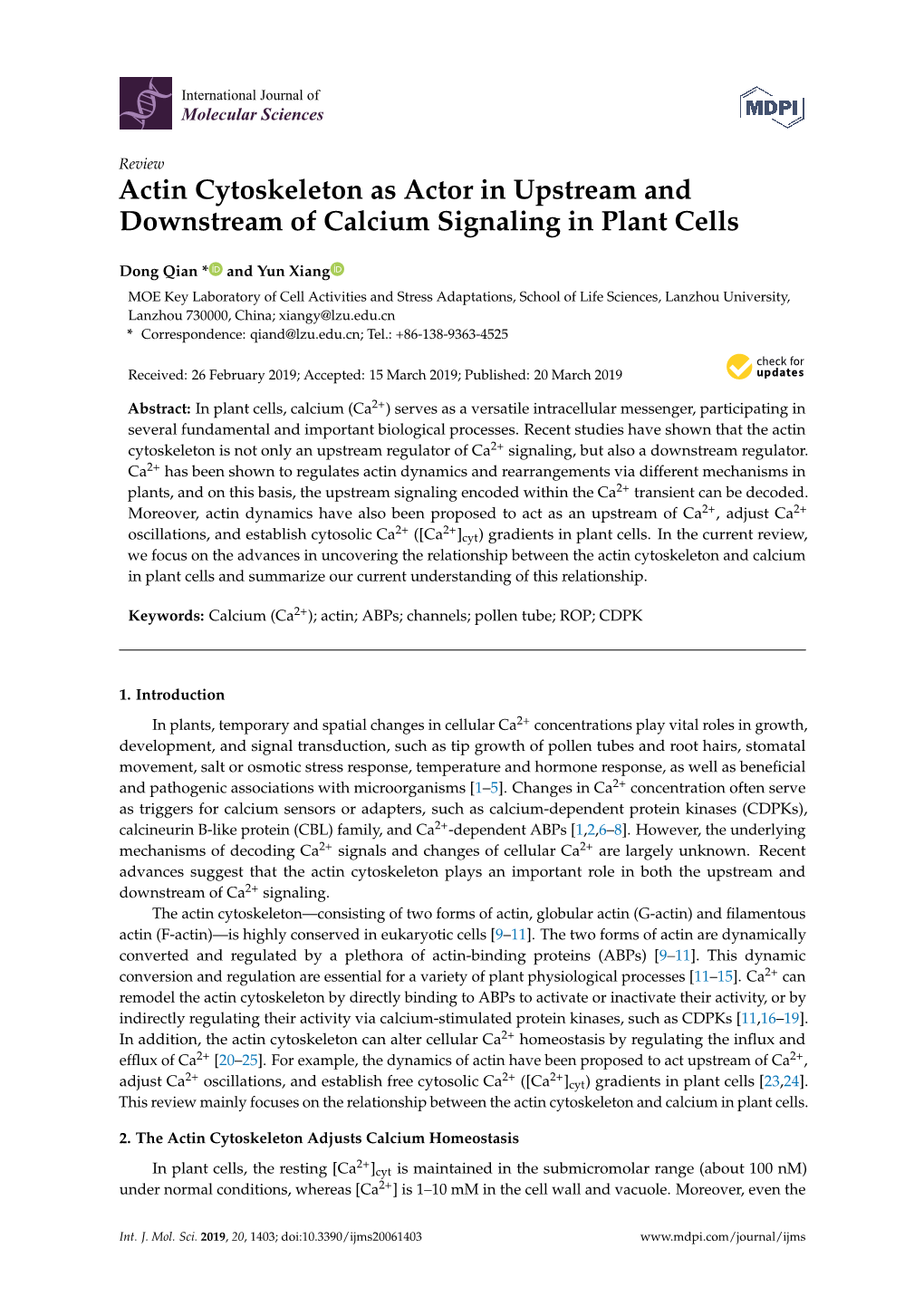 Actin Cytoskeleton As Actor in Upstream and Downstream of Calcium Signaling in Plant Cells