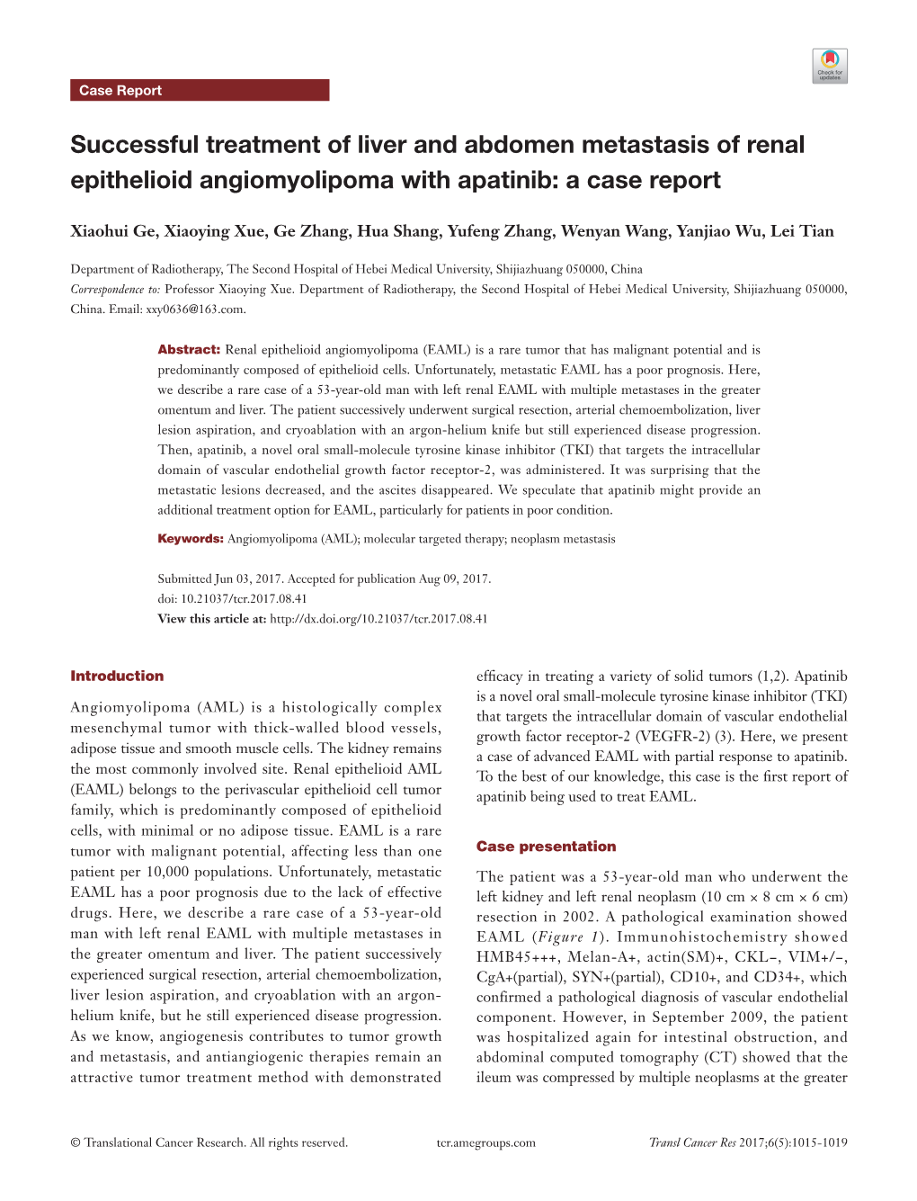 Successful Treatment of Liver and Abdomen Metastasis of Renal Epithelioid Angiomyolipoma with Apatinib: a Case Report