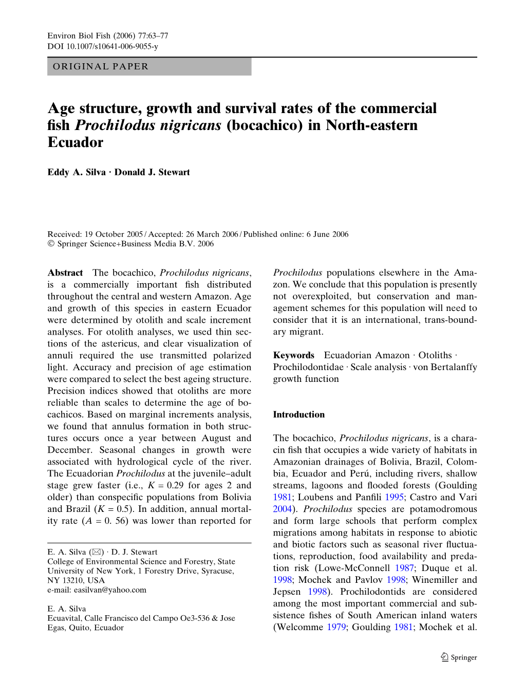 Age Structure, Growth and Survival Rates of the Commercial Fish Prochilodus Nigricans (Bocachico) in North-Eastern Ecuador