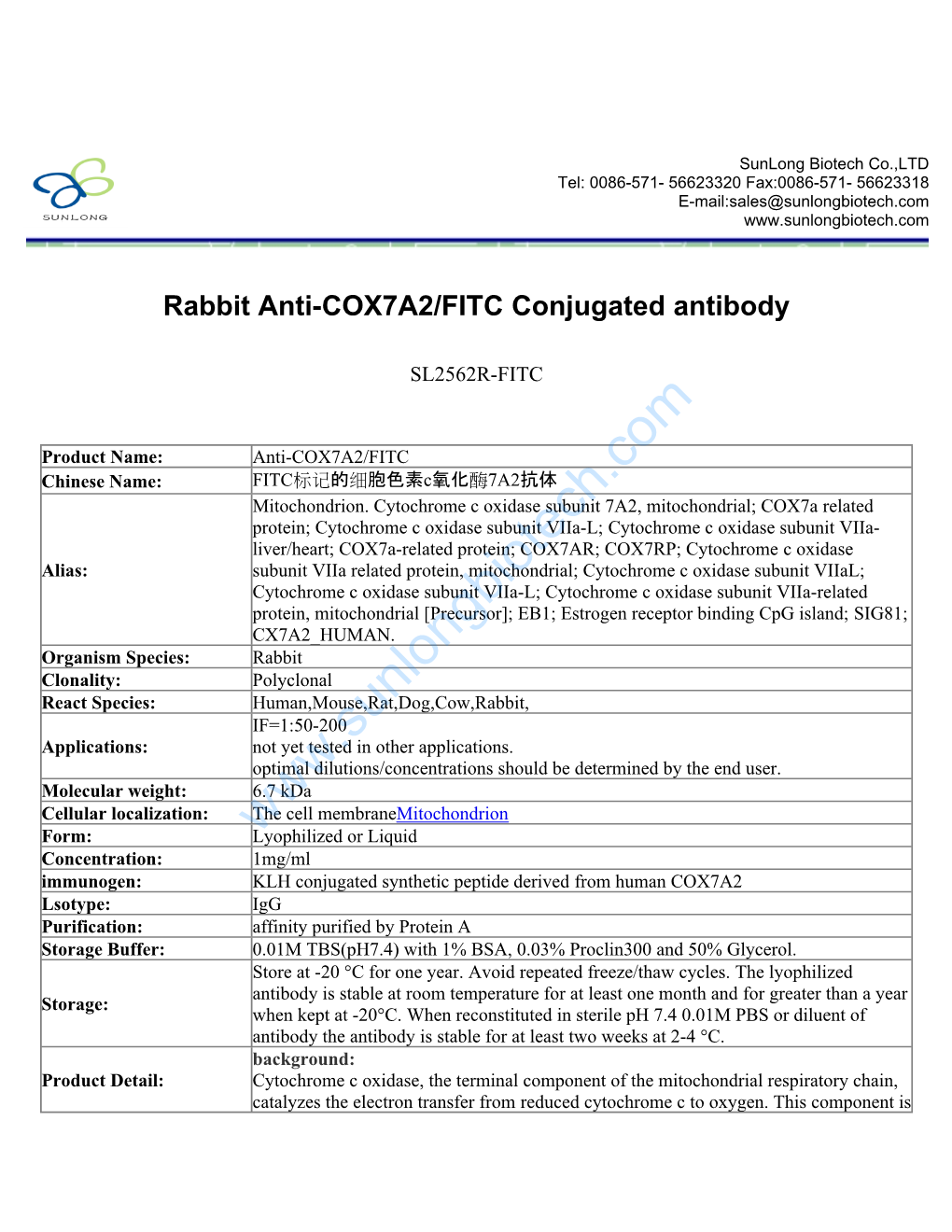 Rabbit Anti-COX7A2/FITC Conjugated Antibody