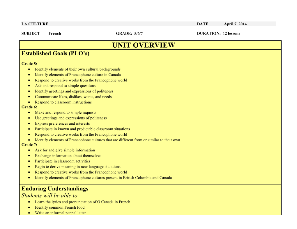 SUBJECT French GRADE: 5/6/7 DURATION: 12 Lessons