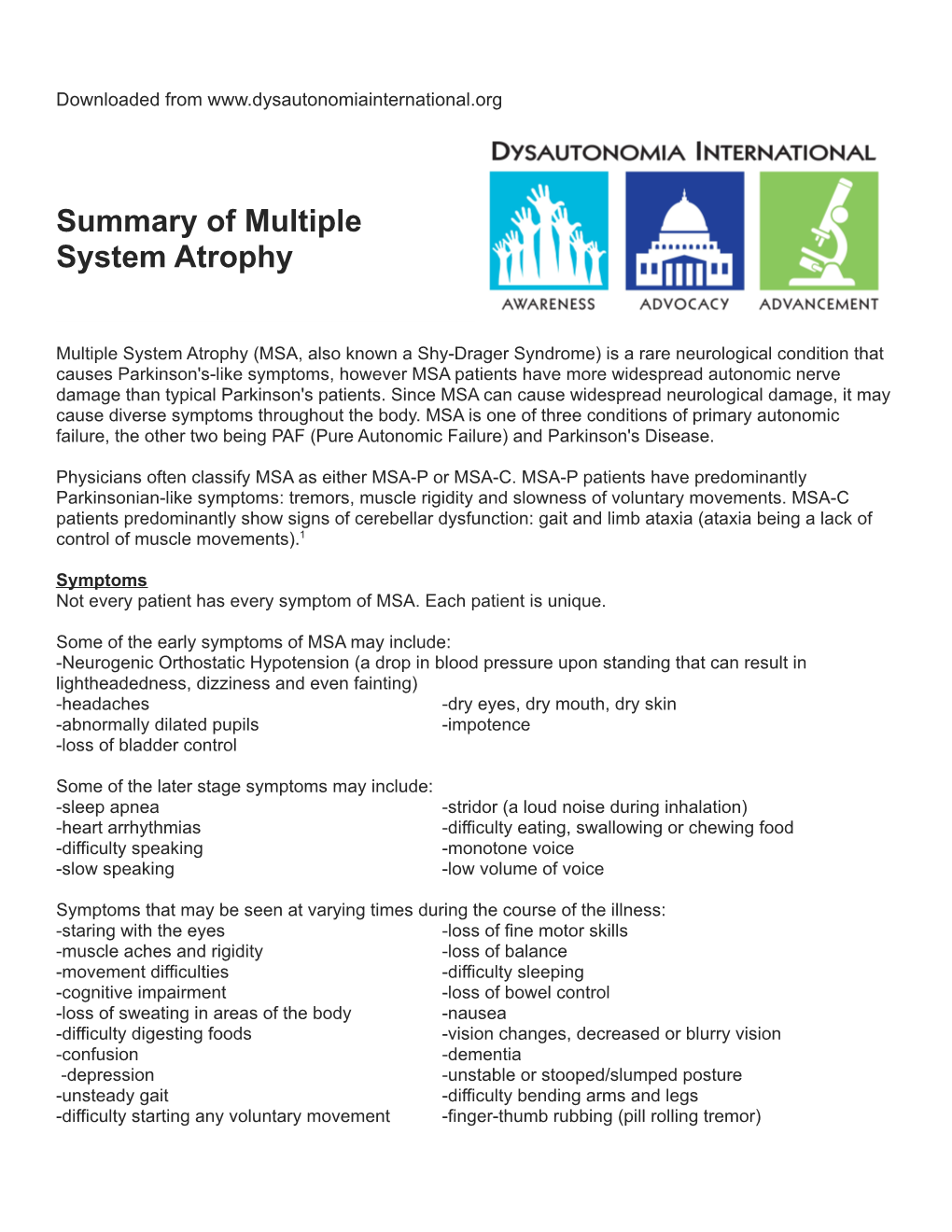 Summary of Multiple System Atrophy
