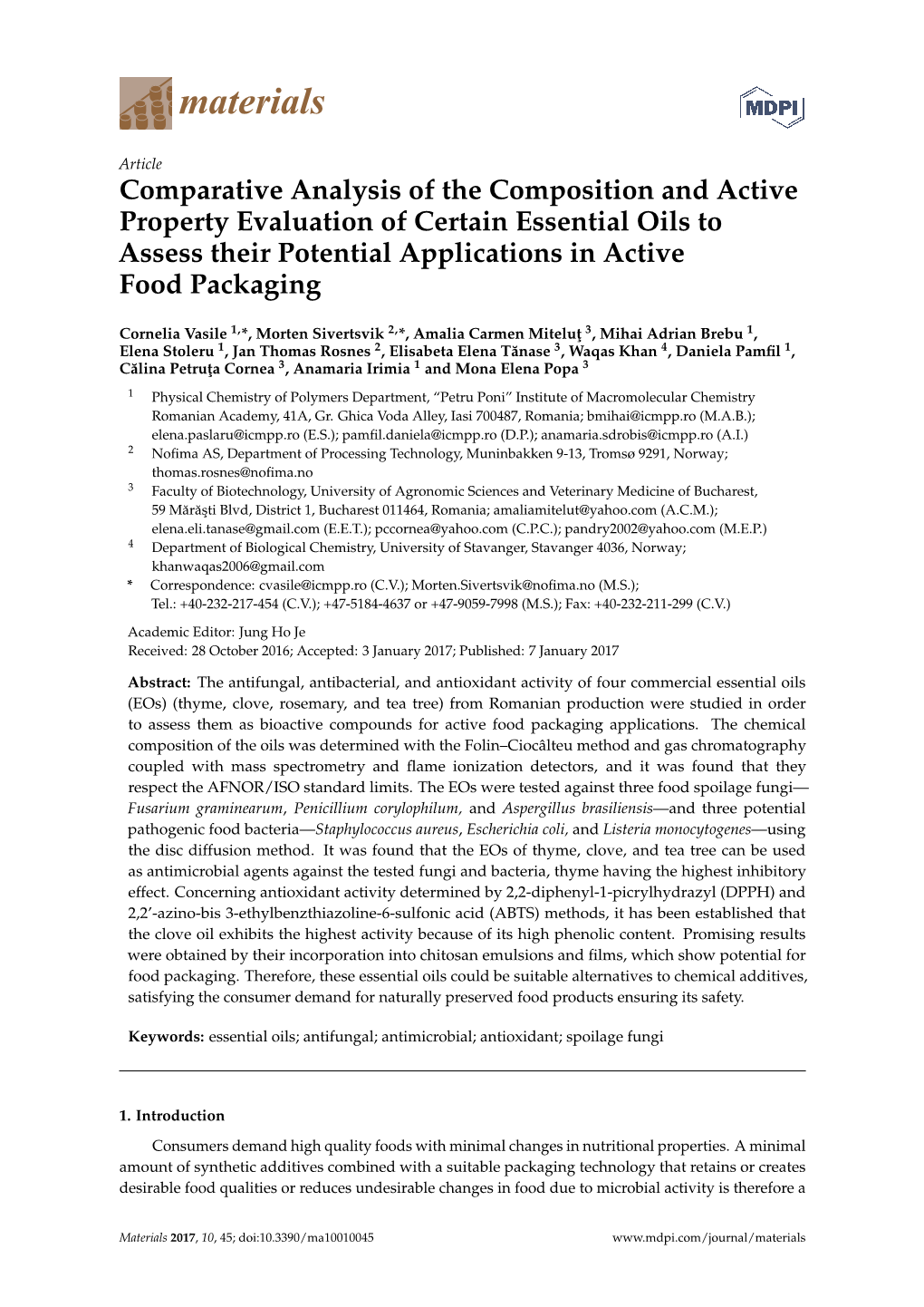 Comparative Analysis of the Composition and Active Property Evaluation of Certain Essential Oils to Assess Their Potential Applications in Active Food Packaging