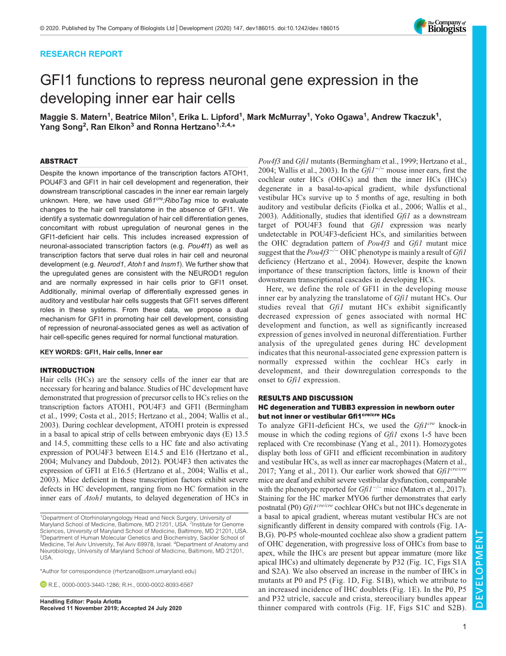 GFI1 Functions to Repress Neuronal Gene Expression in the Developing Inner Ear Hair Cells Maggie S