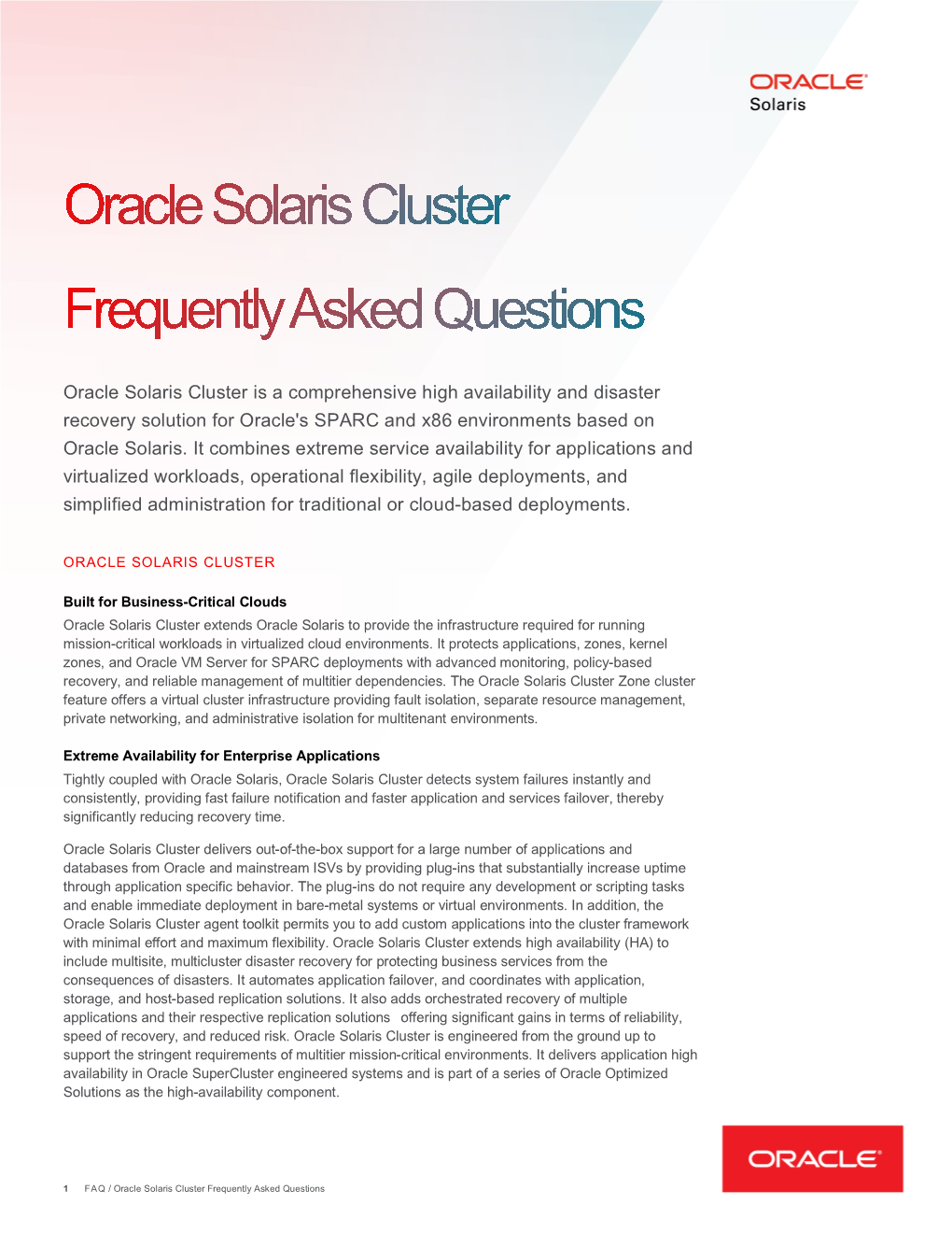 Oracle Solaris Cluster Frequently Asked Questions