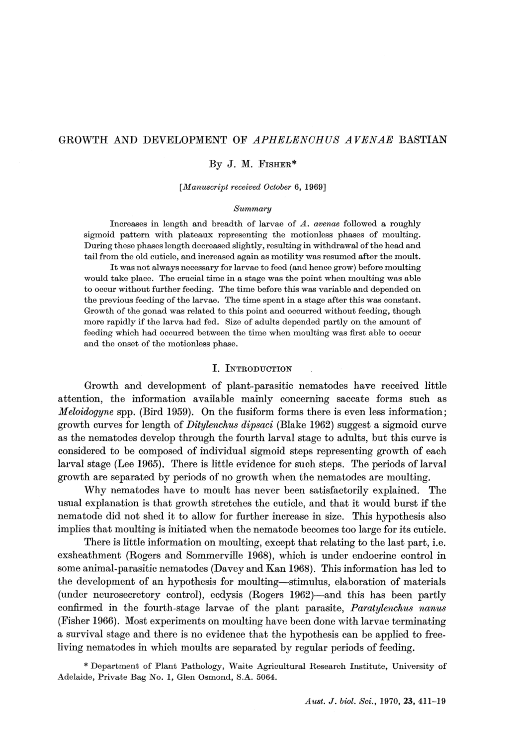 Growth and Development of Aphelenchus Avenae Bastian