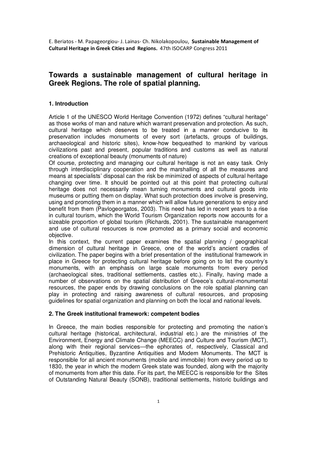 Towards a Sustainable Management of Cultural Heritage in Greek Regions