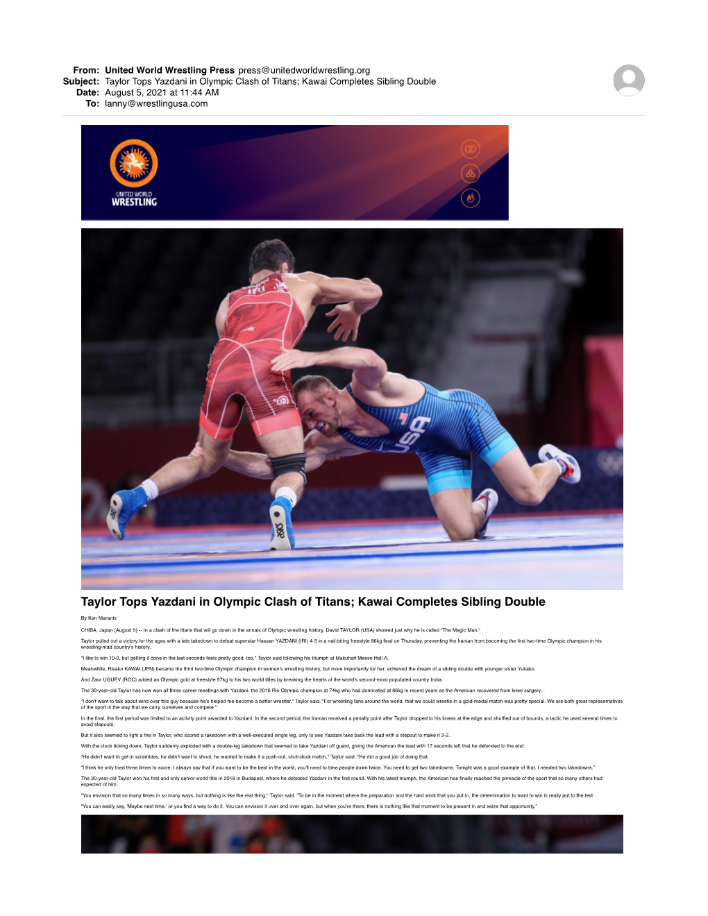 Taylor Tops Yazdani in Olympic Clash of Titans Kawai Completes Sibling