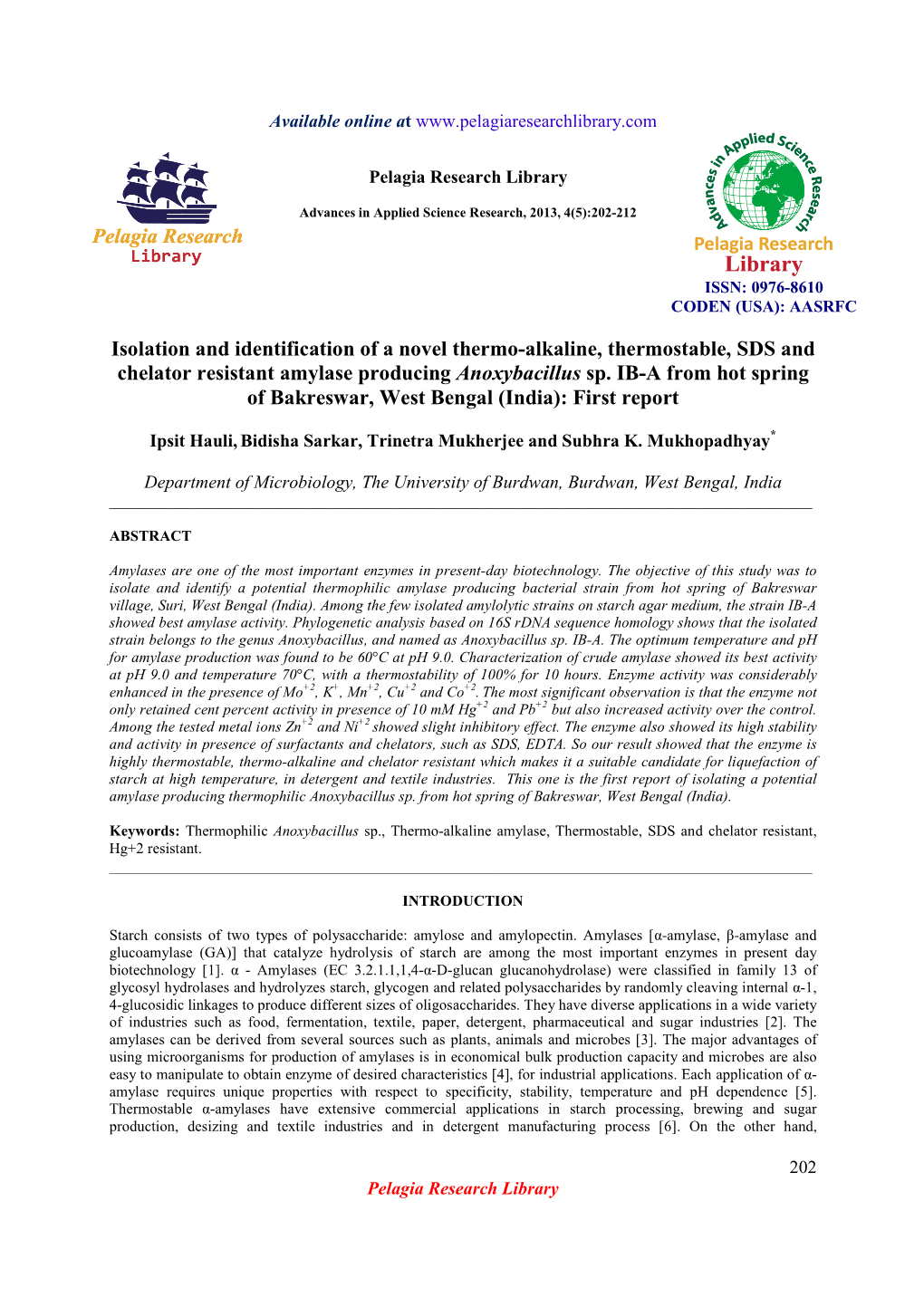 Isolation and Identification of a Novel Thermo-Alkaline, Thermostable, SDS and Chelator Resistant Amylase Producing Anoxybacillus Sp