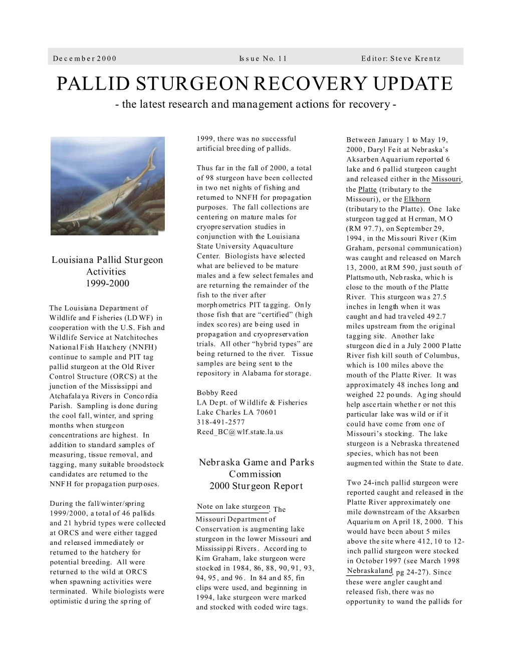 PALLID STURGEON RECOVERY UPDATE - the Latest Research and Management Actions for Recovery