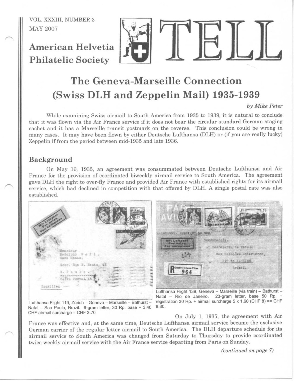 American Helvetia Philatelic Society the Geneva-Marseille Connection (Swiss DLH and Zeppelin Mail) 1935-1939