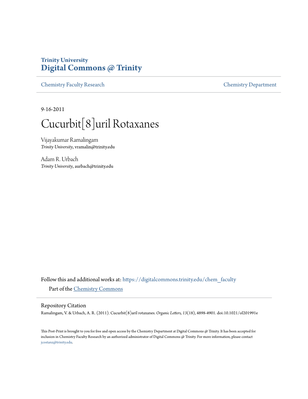 Uril Rotaxanes Vijayakumar Ramalingam Trinity University, Vramalin@Trinity.Edu