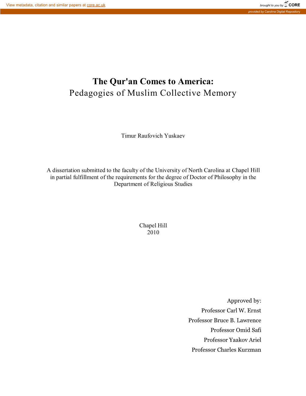 The Qur'an Comes to America: Pedagogies of Muslim Collective Memory