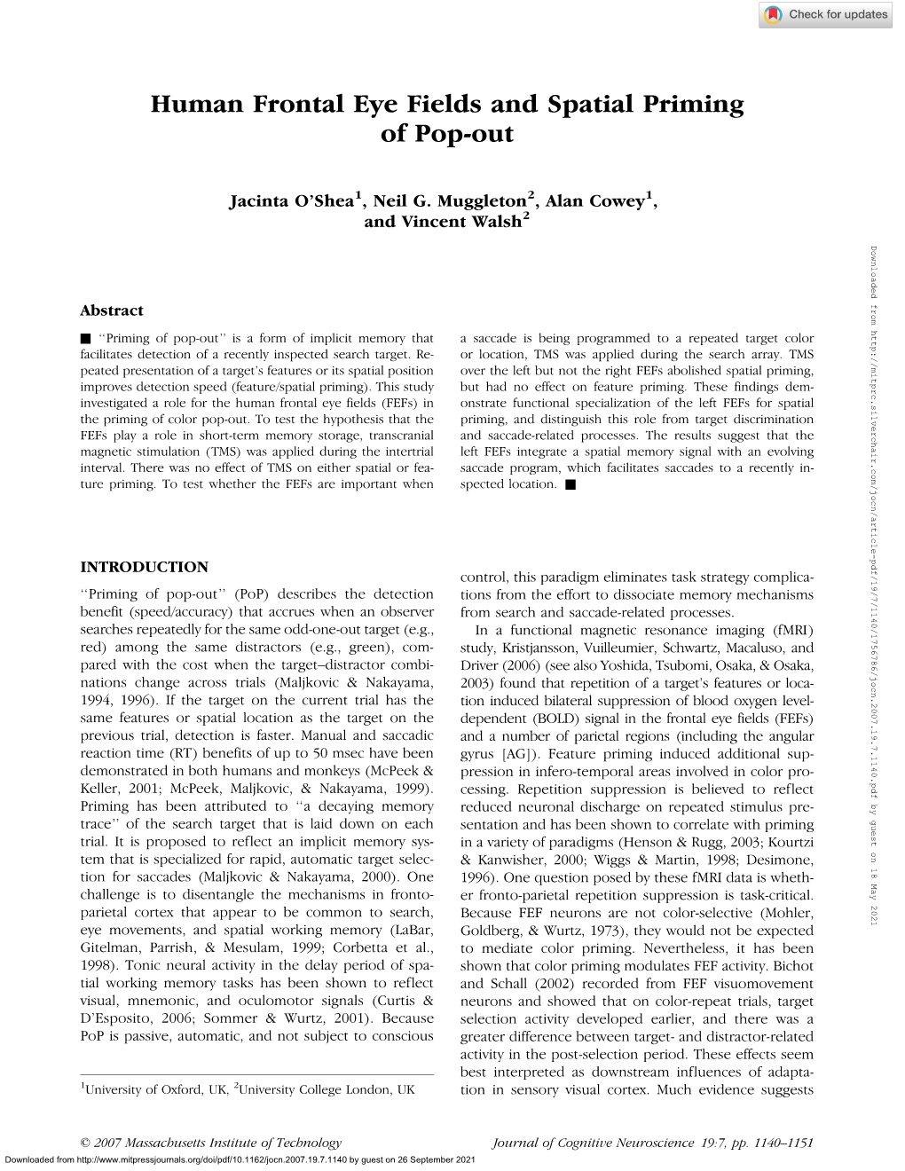 Human Frontal Eye Fields and Spatial Priming of Pop-Out