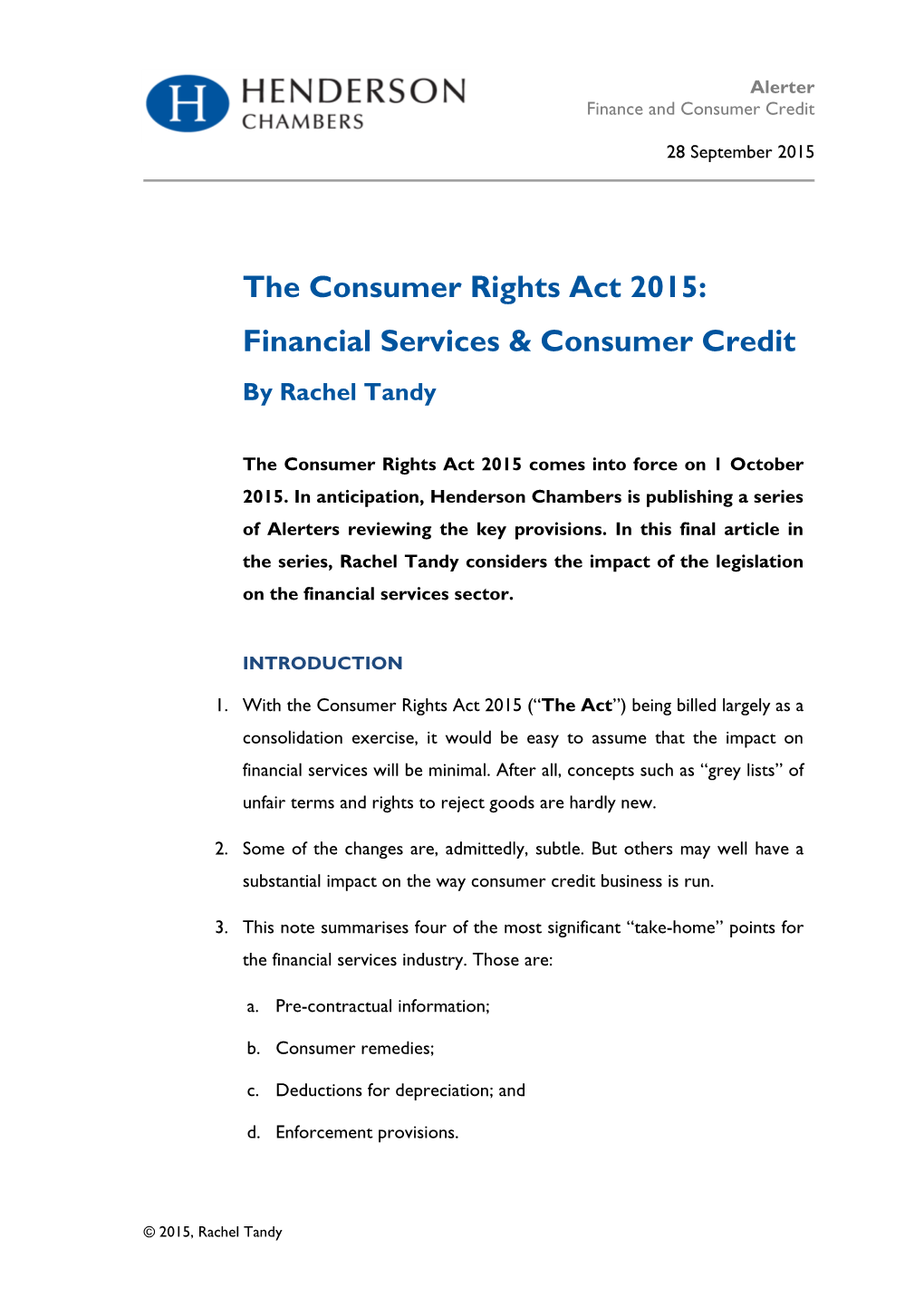 The Consumer Rights Act 2015: Financial Services & Consumer Credit by Rachel Tandy