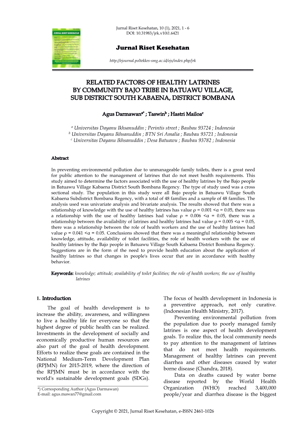 Jurnal Riset Kesehatan, 10 (1), 2021, 1 - 6 DOI: 10.31983/Jrk.V10i1.6421