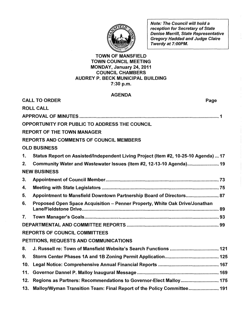 TOWN of MANSFIELD TOWN COUNCIL MEETING MONDAY, January 24,2011 COUNCIL CHAMBERS AUDREY P