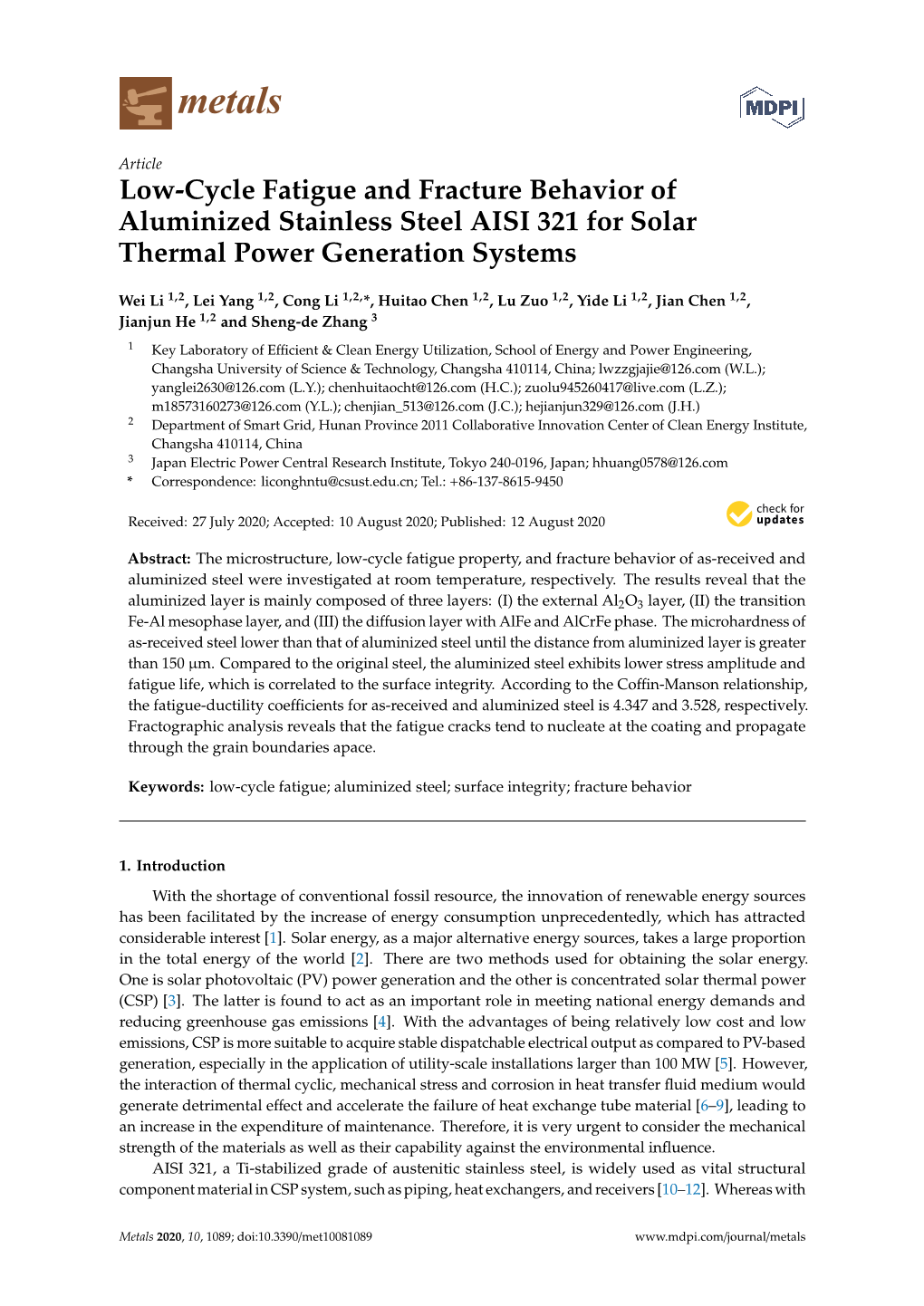 Low-Cycle Fatigue and Fracture Behavior of Aluminized Stainless Steel AISI 321 for Solar Thermal Power Generation Systems