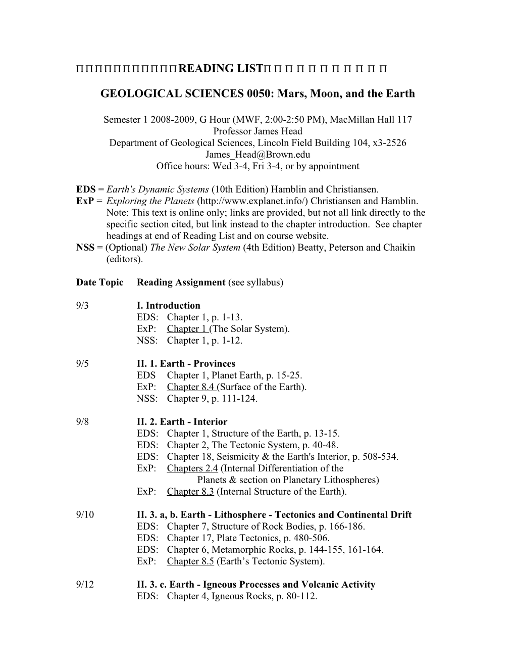 GEOLOGICAL SCIENCES 0050: Mars, Moon, and the Earth