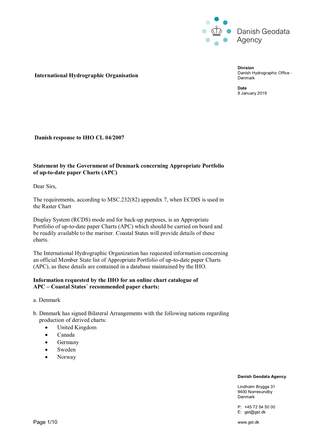 International Hydrographic Organisation Danish Response To