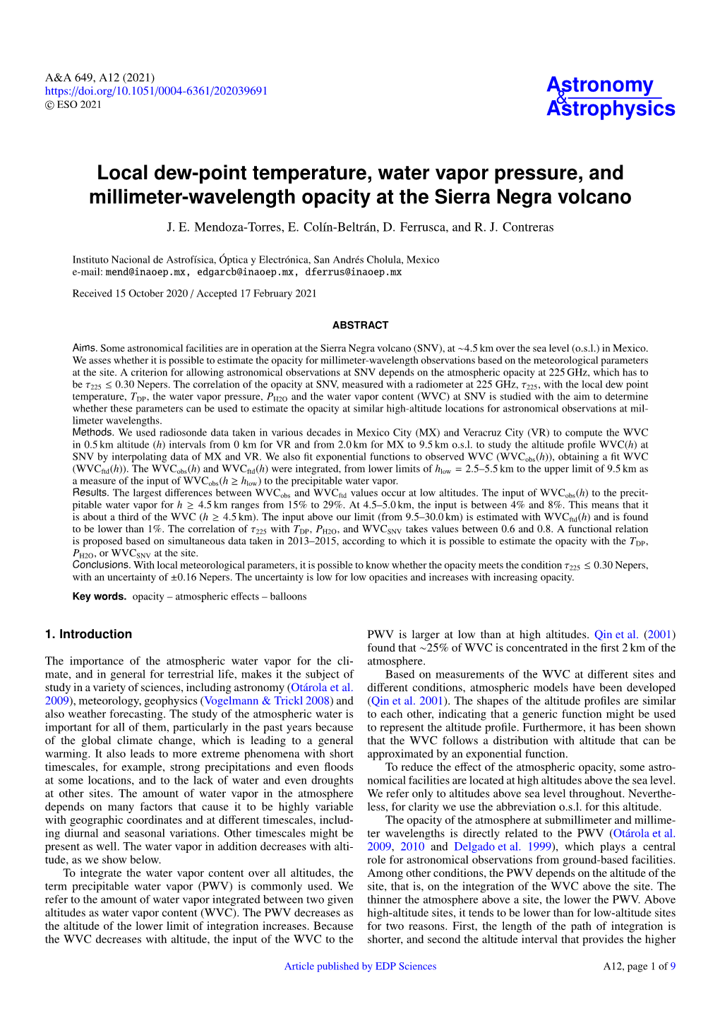 Local Dew-Point Temperature, Water Vapor Pressure, and Millimeter-Wavelength Opacity at the Sierra Negra Volcano J