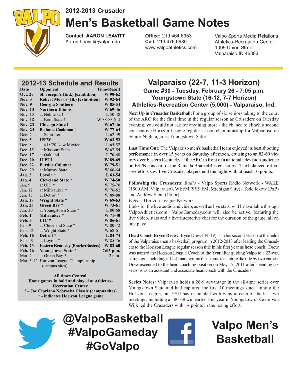 Men's Basketball Game Notes @Valpobasketball Valpo Men's