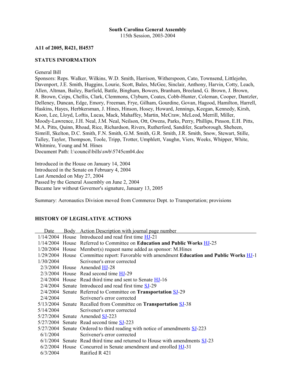 2003-2004 Bill 4537: Aeronautics Division Moved from Commerce Dept. to Transportation;