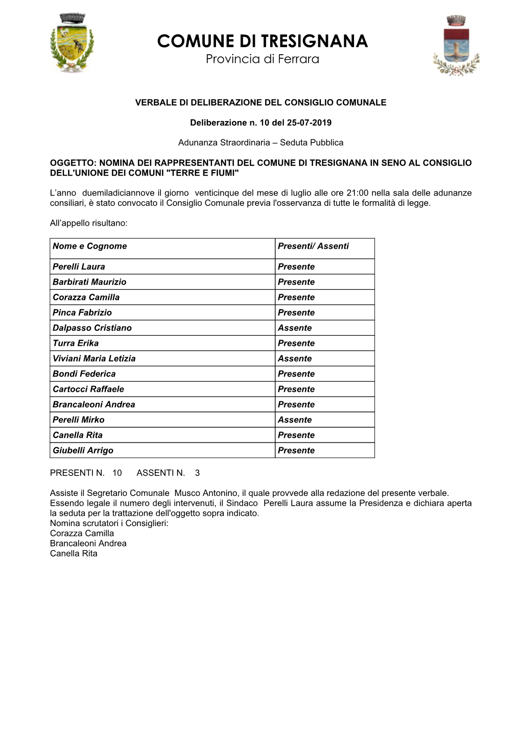 Page 1 COMUNE DI TRESIGNANA Provincia Di Ferrara VERBALE DI