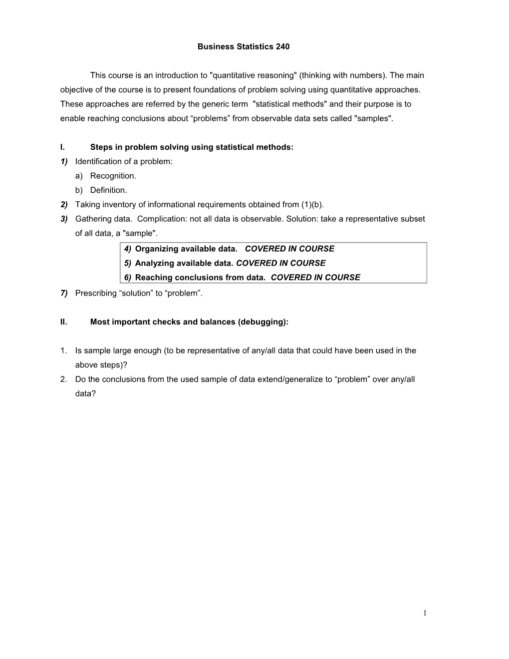 I. Steps in Problem Solving Using Statistical Methods