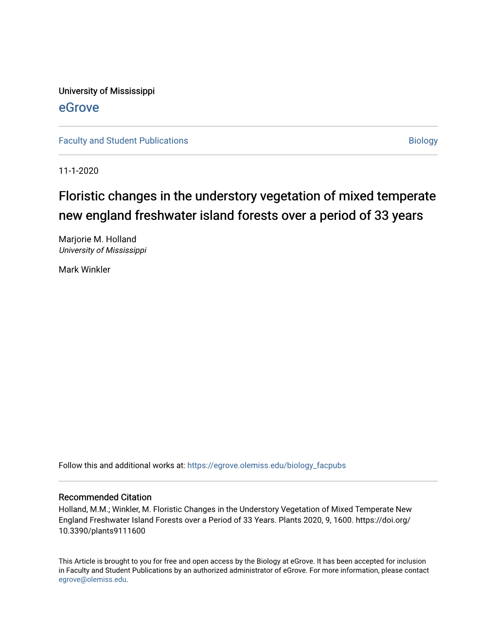 Floristic Changes in the Understory Vegetation of Mixed Temperate New England Freshwater Island Forests Over a Period of 33 Years