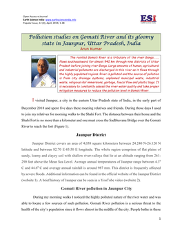 Pollution Studies on Gomati River and Its Gloomy State in Jaunpur, Uttar Pradesh, India Arun Kumar