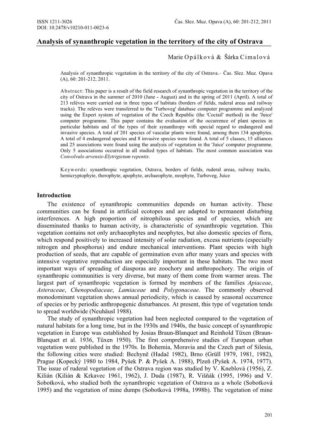 Analysis of Synanthropic Vegetation in the Territory of the City of Ostrava