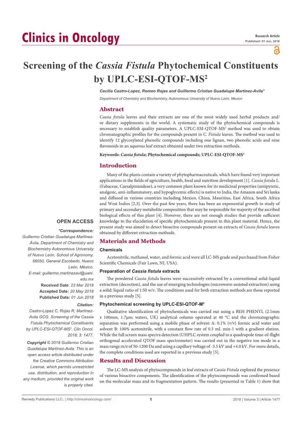 Screening of the Cassia Fistula Phytochemical Constituents by UPLC-ESI-QTOF-MS2