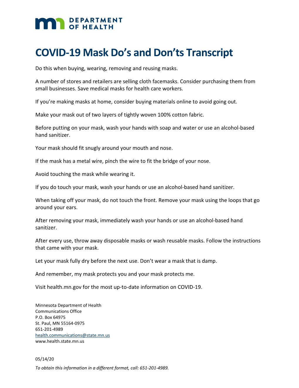 COVID-19 Mask Do's and Don'ts Transcript