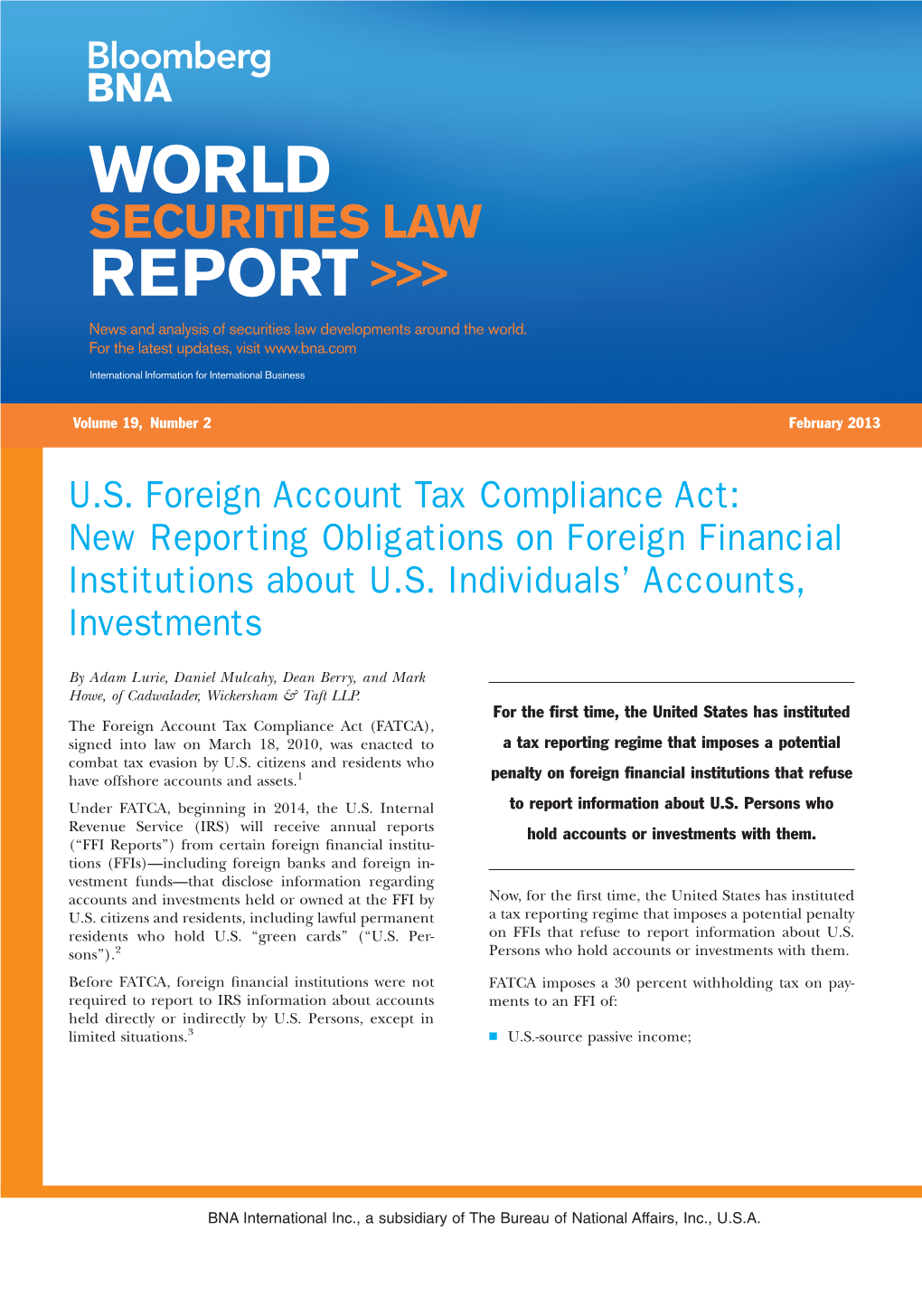 New Reporting Obligations on Foreign Financial Institutions About U.S. Individuals’ Accounts, Investments