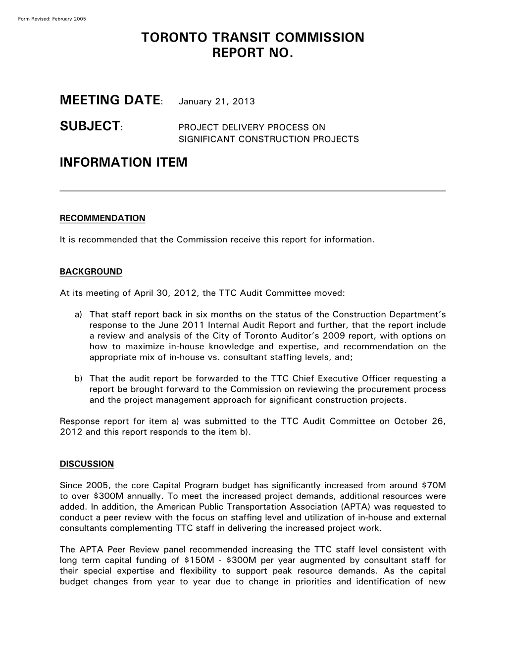 Toronto Transit Commission Report No. Meeting Date