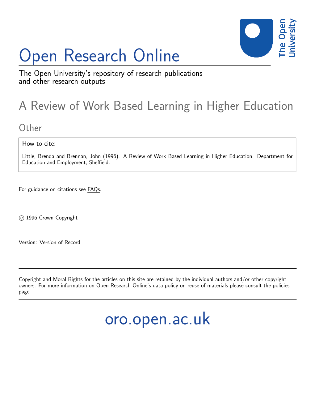 Work Based Learning and Higher Education
