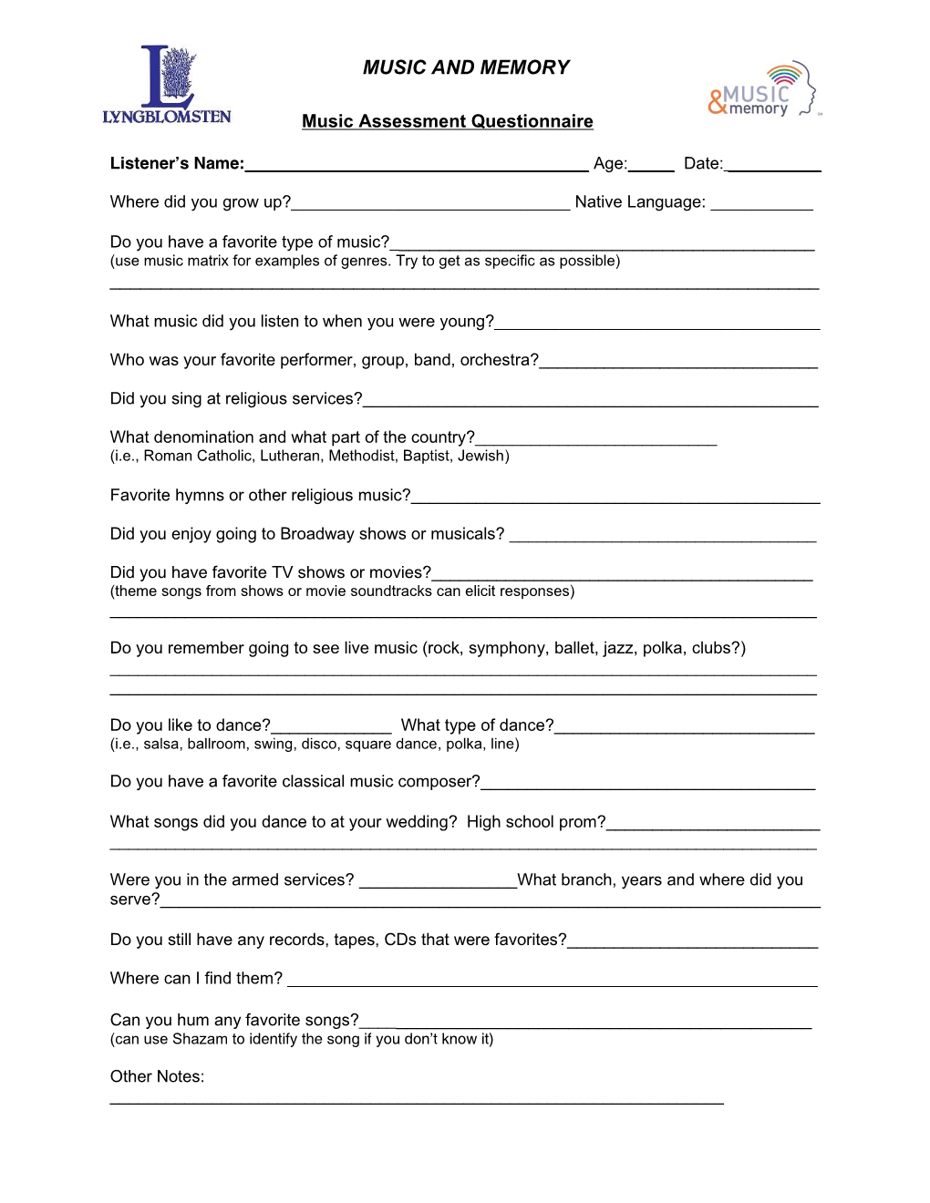 Music Assessment Form