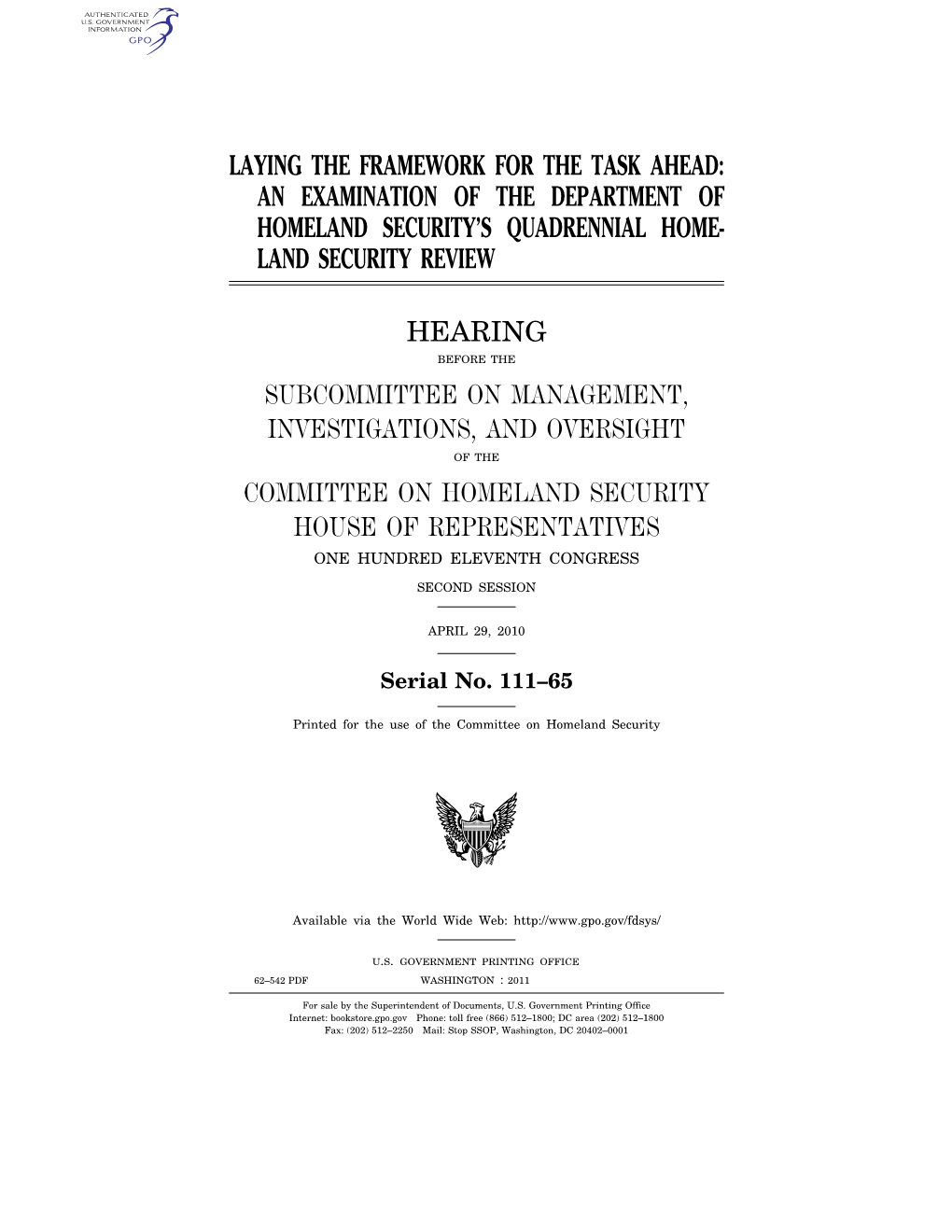 An Examination of the Department of Homeland Security’S Quadrennial Home- Land Security Review