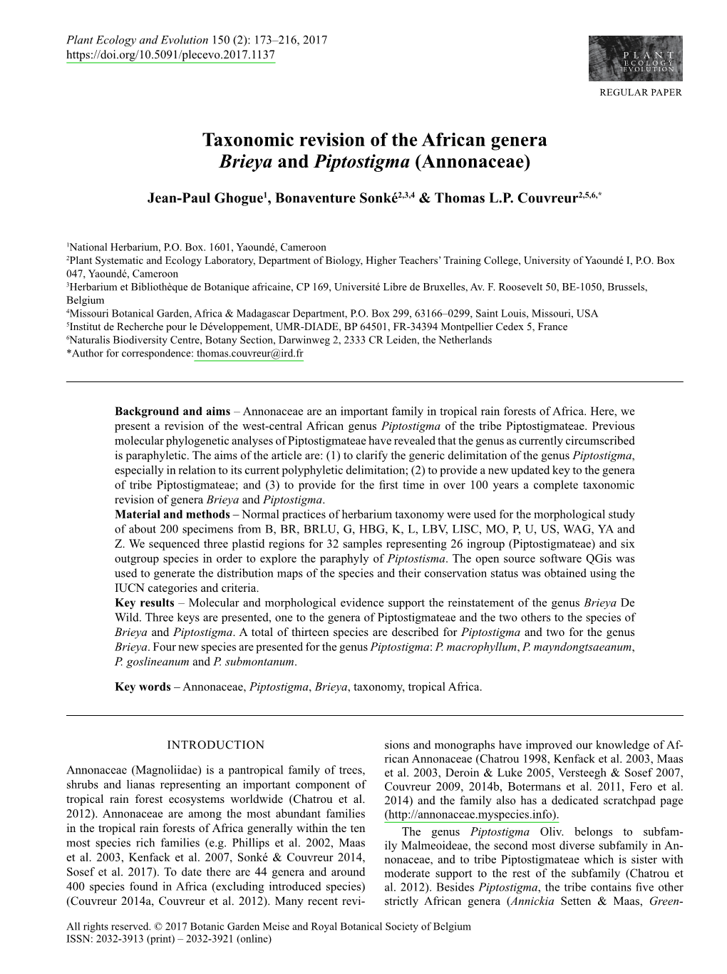 Taxonomic Revision of the African Genera &lt;I&gt;Brieya &lt;/I&gt; and &lt;I