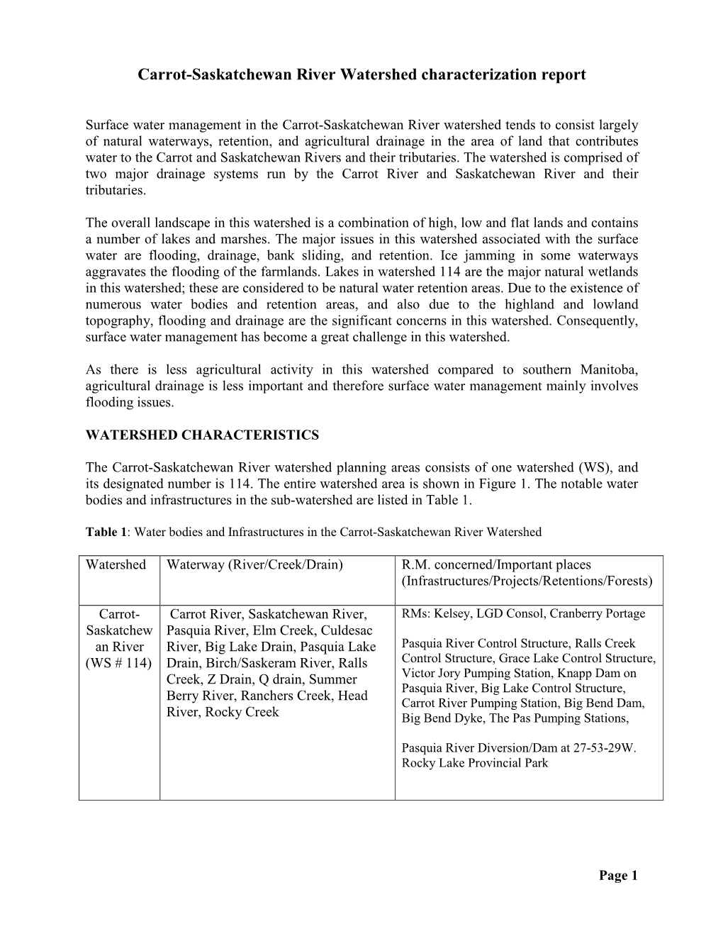 Carrot-Saskatchewan River Watershed Characterization Report