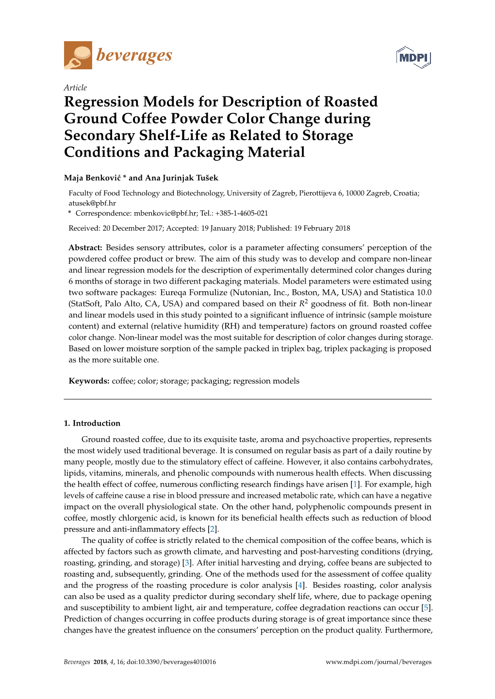 Regression Models for Description of Roasted Ground Coffee Powder Color Change During Secondary Shelf-Life As Related to Storage Conditions and Packaging Material