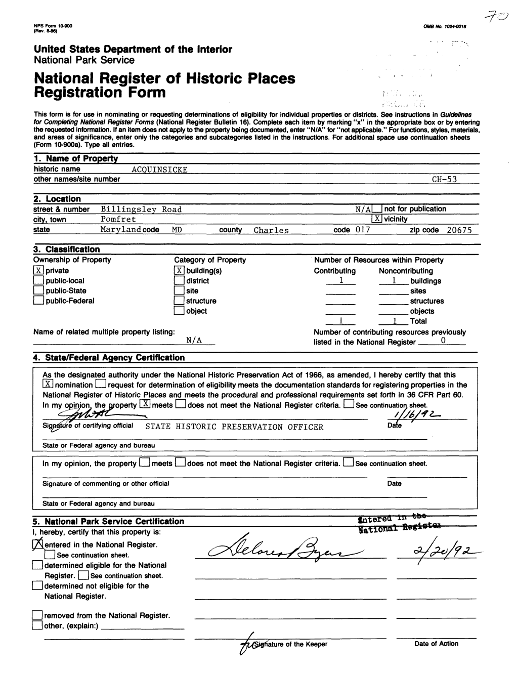 National Register of Historic Places Continuation Sheet Acquinsicke