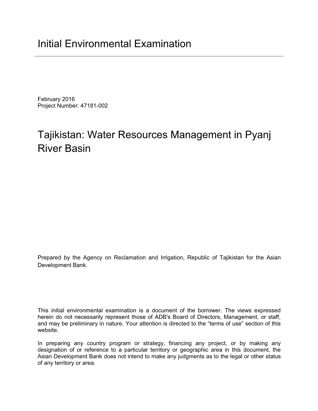 Tajikistan: Water Resources Management in Pyanj River Basin