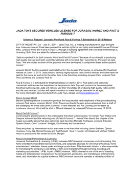 Jada Toys Secures Vehicles License for Jurassic World and Fast & Furious 7